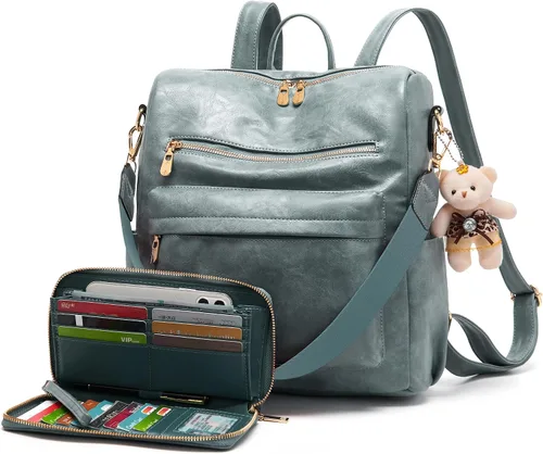Vista 18 de Soperwillton Bolso de mochila para mujer. Bolsos de mano con diseño multiusos. Bolsa de hombro de cuero sintético. Bolsa de viaje. Juego de 2