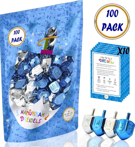 Vista 6 de The Dreidel Company Paquete de 10 Dreidels de Plástico Metálico Plateado y Azul de Hanukkah con Traducción al Inglés, Peonzas Incluye Tarjeta
