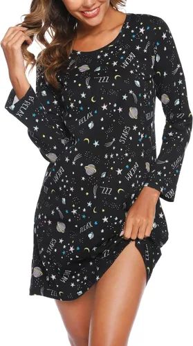 Vista 26 de ENJOYNIGHT Ropa de dormir de algodón para mujer, camisón de manga larga con estampado de camiseta para dormir ABC