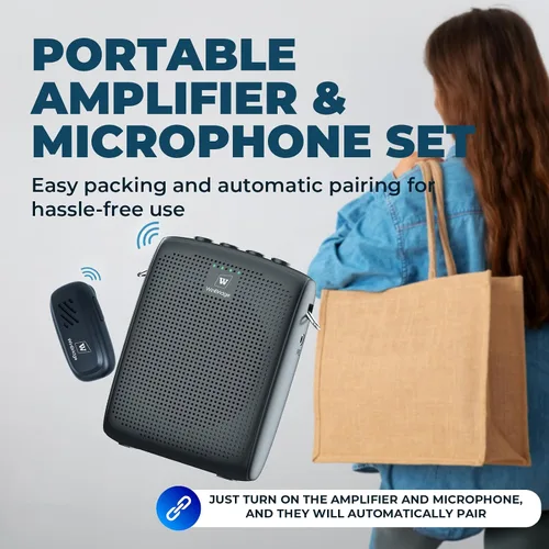 Vista 7 de WinBridge - Amplificador de voz inalámbrico con micrófono de solapa Bluetooth Lavalier para profesores, altavoz portátil y sistema de micrófono