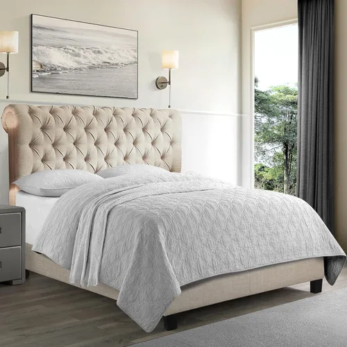 Vista 7 de Rosevera Atherine - Marco de cama tapizado de tela con cabecera ajustable, estilo Chesterfield, cabeza enrollada, soporte de listones de madera