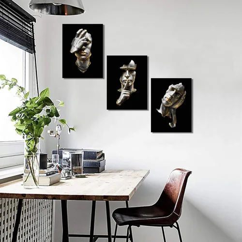 Vista 2 de Derkymo 3 piezas de figuras abstractas en blanco y negro y estatua de escultura en lienzo, arte de pared moderno, enmarcado, listo para colgar