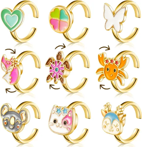 Vista 9 de Juego de 9 anillos giratorios giratorios para ansiedad, anillos giratorios para ansiedad, apilables, giratorios, calmantes, ajustables para mujeres