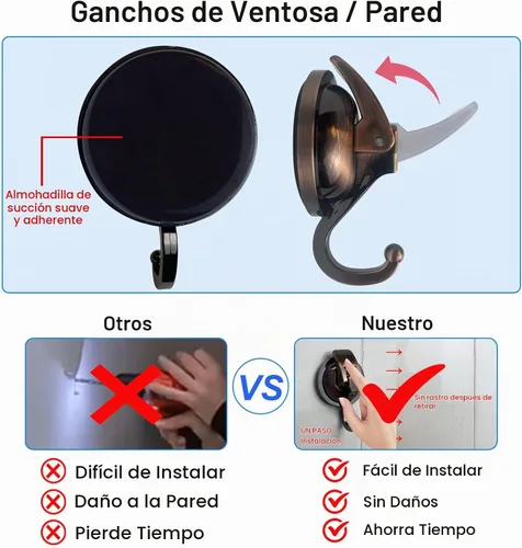 Vista 6 de Ganchos de ducha de succión al vacío resistentes, ventosa de vidrio, para decoración de bata de baño y guirnalda (paquete de 2, latón antiguo)