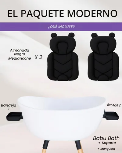 Vista 2 de Bañera de lujo para bebé con soporte de madera, diseño convertible de 3 etapas, ergonómico y protector de espalda (paquete negro (moderno))