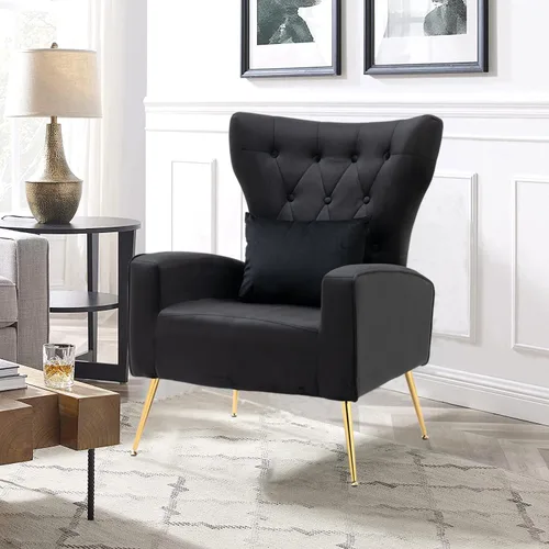 Vista 6 de Silla decorativa de terciopelo para sala de estar, sillón de mediados de siglo con respaldo de ala alta, silla auxiliar dorada para dormitorio