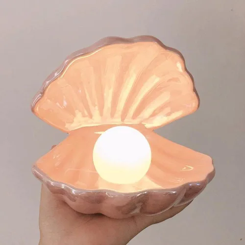 Vista 4 de Koolouispoper Ins Lámpara de noche de concha de cerámica de estilo japonés con perlas de sirena para decoración del hogar, regalo de Navidad (rosa)