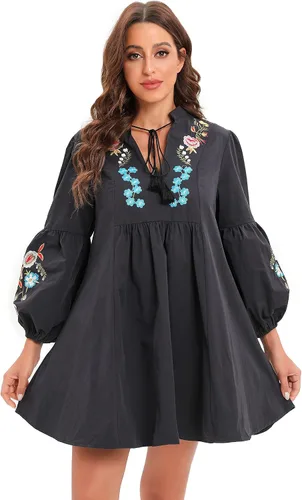 Vista 9 de Aox Women Retro Lanter Sleeve Floral Embroidered Boho A line Loose Short Shift Swing Dress