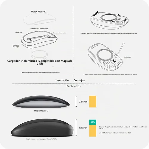 Vista 6 de Cargador de ratón TATOFY Compatible con Magic Mouse 2 (USB-C) Agarre con soporte de carga inalámbrica, base ergonómica (Negro)