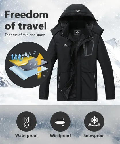 Vista 3 de Chaqueta de esquí de invierno impermeable para hombre, chaqueta de snowboard de invierno impermeable con capucha y forro polar resistente al viento