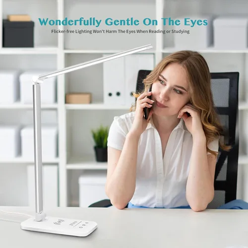 Vista 7 de Lámpara de escritorio LED con cargador inalámbrico, puerto de carga USB, luz de escritorio regulable para el cuidado de los ojos con 5 niveles