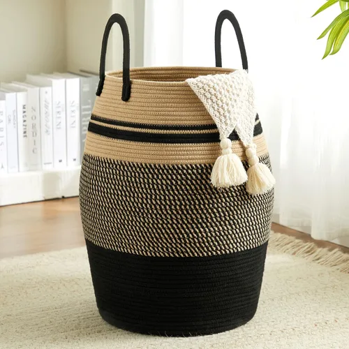 Vista 9 de Canasta de lavandería de cuerda de algodón Fiona's magic, cesta de lavandería tejida grande de 65L, cesto alto para ropa sucia para guardar mantas