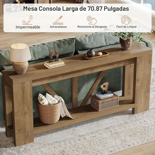 Vista 4 de Tribesigns Mesa de entrada extra larga de 70.9 pulgadas, mesa consola de madera de granja con almacenamiento, mesa de sofá moderna detrás del sofá