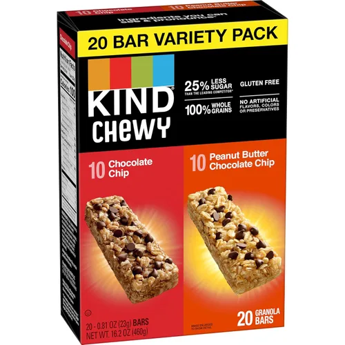 Vista 5 de Barritas de granola masticables KIND, paquete de variedad, chocolate chip y mantequilla de maní con chispas de chocolate, sin gluten, 100 calorías