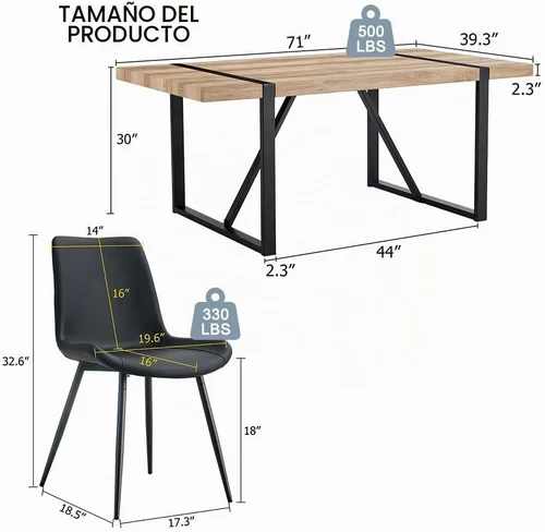 Vista 2 de Juego de mesa de comedor para 6, mesa de madera de 180 cm y juego de 6 sillas, adecuado para comedor, cocina, sala de estar