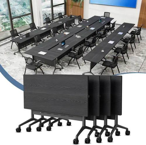 Vista 22 de Mesa de conferencias plegable con ruedas, mesa modular para sala de conferencias con 2 ojales para cables, mesas móviles de sala de reuniones