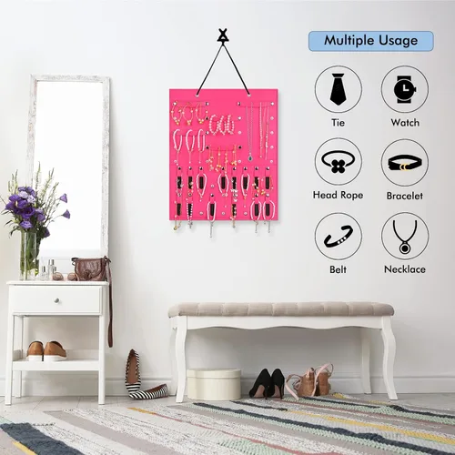 Vista 7 de Dofilachy Organizador colgante de joyas Organizador de joyas montado en la pared para aretes collares pulseras anillos C-rojo rosa