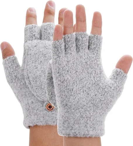 Vista 10 de THINP Guantes sin dedos para mujeres y hombres, guantes de invierno, guantes de lana cálida de punto sin dedos con tapa, guantes convertibles
