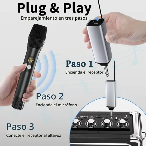 Vista 6 de Micrófono inalámbrico, sistema de micrófono dinámico inalámbrico de metal dual UHF de mano con receptor recargable, rango de 200 pies, para karaoke