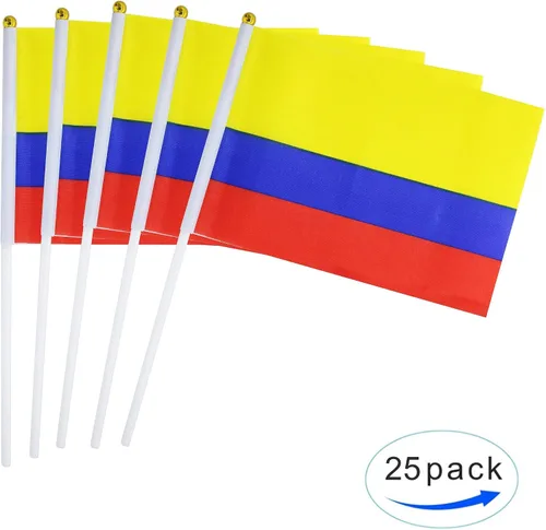 Vista 4 de Paquete de 25 banderas de mano pequeñas de Colombia Colombiana Colombia, banderas nacionales de campo, suministros de decoración de fiesta