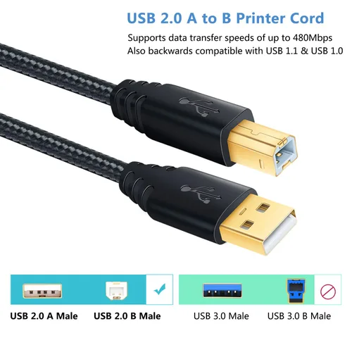 Vista 4 de OKRAY Cable USB para impresora, paquete de 2 cables USB 2.0 tipo A a B de 6 pies, cable de impresora macho a macho, cable de escáner trenzado