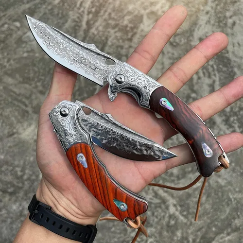 Vista 3 de Cuchillo hecho a mano japonés VG10 Damasco acero plegable cuchillo, mango de bloqueo de revestimiento de palisandro, cuchillos de bolsillo EDC