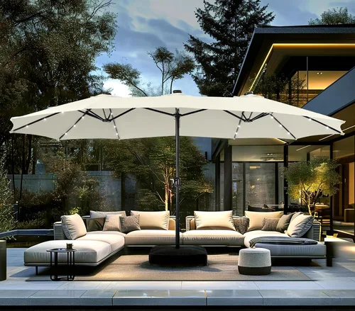 Vista 20 de PHI VILLA Sombrilla de patio grande de 15 pies con base y luces solares, paraguas rectangular de doble cara para exteriores con 36 luces LED, Beige