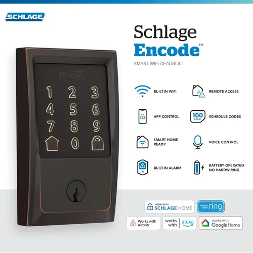 Vista 2 de SCHLAGE 5019832 Cerradura DEADBOLT WiFi ENC CEN AGD BRZ Bronce Envejecido