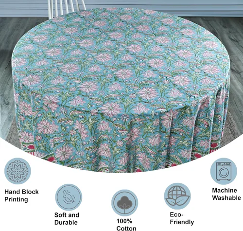 Vista 2 de Ridhi Mantel redondo con estampado de bloques a mano, color azul turquesa