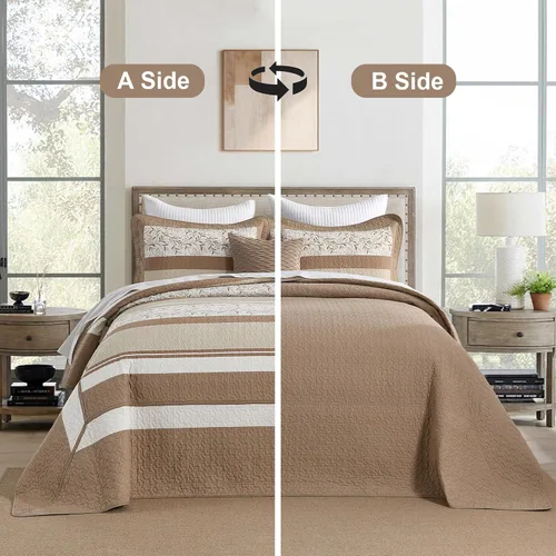 Vista 7 de Finlonte - Juego de cama de 3 piezas con edredón/cubrecama acolchado tamaño queen, 100% algodón, 260x305 cm, a cuadros florales de granja