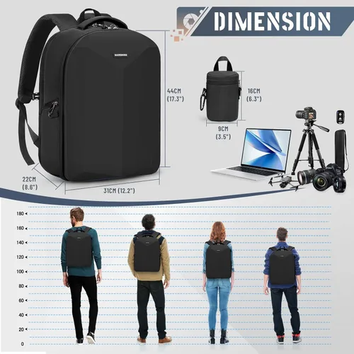 Vista 8 de RAINSMORE Mochila para cámara de carcasa dura para DSLR/SLR, bolsa impermeable para cámara con compartimento para laptop de 15.6 pulgadas, estuche