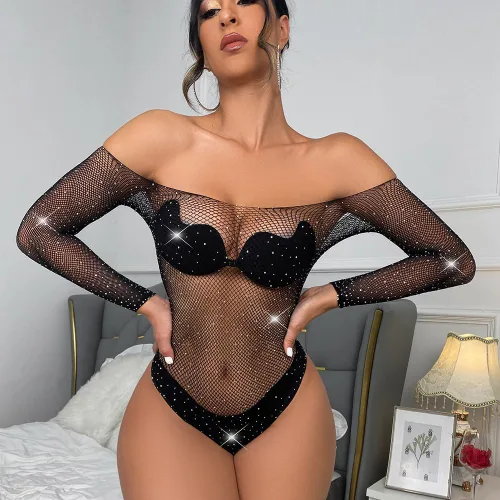 Vista 4 de Body de malla para mujer, lencería sexy de malla, babydoll elástico, lencería exótica, transparente