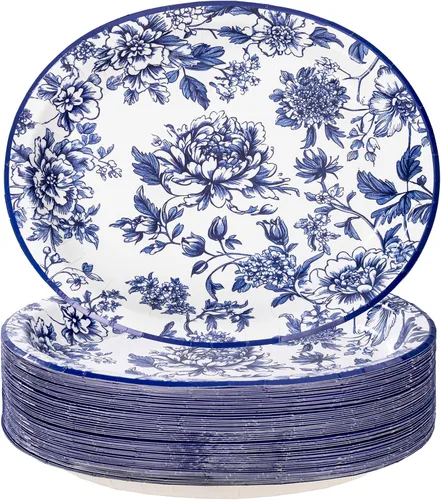 Vista 15 de WDF Paquete de 50 platos florales ovalados de papel, platos llanos desechables grandes de 10 x 12 pulgadas, platos desechables florales