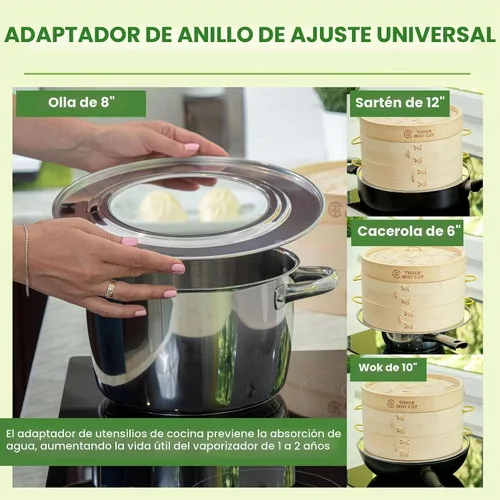 Vista 4 de Cesta para cocinar al vapor de bambú de 25 cm, 2 niveles, con mango, adaptador de anillo, forro de silicona reutilizable, kit para cocinar