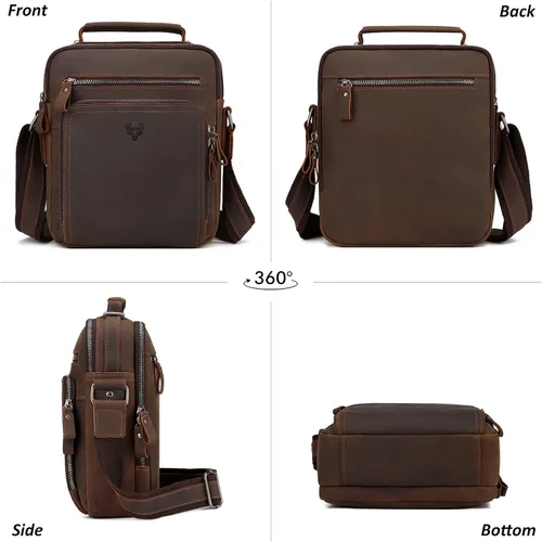 Vista 3 de HUMERPAUL Bolso de mensajero de cuero para hombres y mujeres, bolso de mano cruzado para el trabajo y negocios, Café Mh573