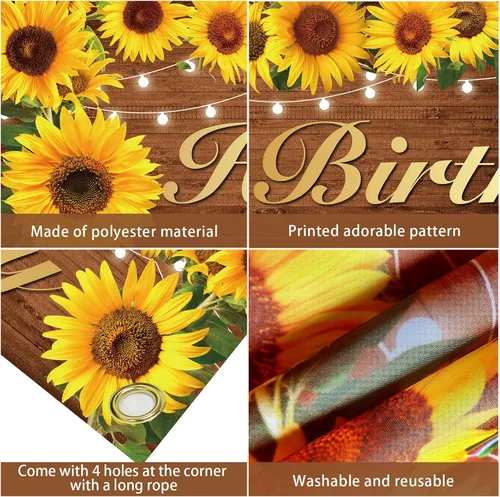 Vista 6 de Cartel y cartel de cumpleaños de girasol, decoraciones de fiesta para mujeres y niñas, tema de feliz cumpleaños, fondo de fotos para interiores