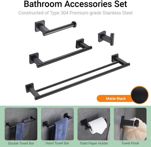 Vista 2 de Hoooh BS101S4-BK - Juego de accesorios de baño de 4 piezas, color negro mate, montaje en pared de acero inoxidable, incluye toallero doble, toallero