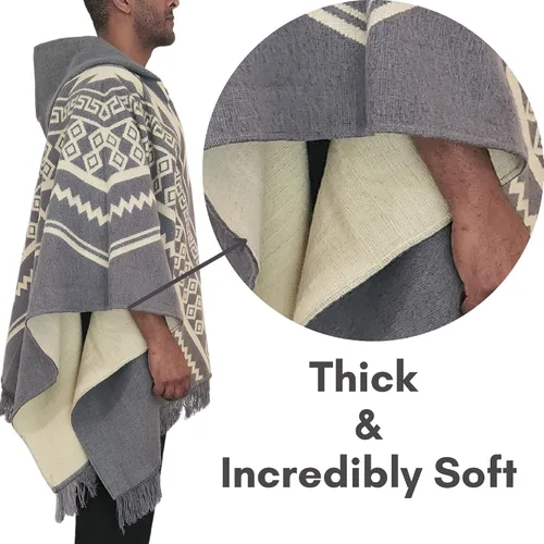 Vista 6 de DAVLINA, ALPACA Wool Poncho Hooded and, Aztec Pattern, Unique and handmade in Ecuador. Thick, Warm and Soft Wool Poncho
