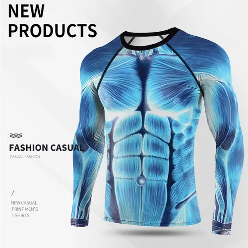 Vista 4 de Camiseta deportiva de compresión para hombre, divertida y casual de manga larga con estampado 3D, novedosa camiseta deportiva de compresión