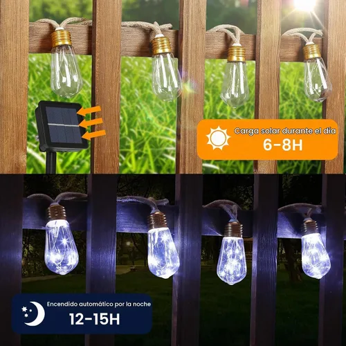 Vista 2 de Guirnalda de luces solares para exteriores, luces solares de patio de 24 pies, tira de luces para exteriores, impermeable, 8 modos de luces de Blanco