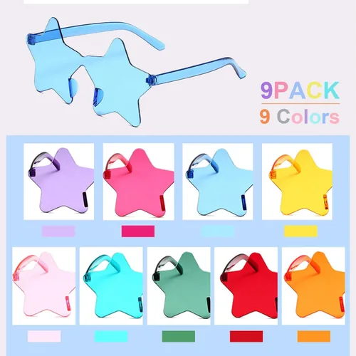 Vista 3 de MIUSKATL Paquete de 9 lentes de sol de estrella para niños, lentes de sol sin marco, regalos de fiesta, gafas de sol coloridas para mujeres, niñas