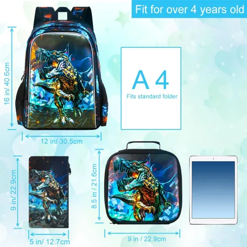 Vista 4 de CCJPX Mochila de 3 piezas para niños, de 16 pulgadas, dinosaurio, preescolar, primaria, guardería, escuela, mochilas y lonchera, Negro Azul