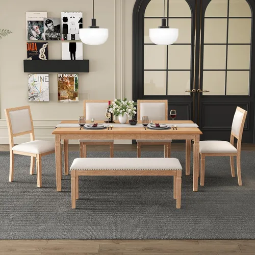 Vista 19 de Juego de mesa de comedor rústica de 6 piezas con mesa rectangular de caballete y 4 sillas tapizadas y banco, juego de mesa de comedor de cocina