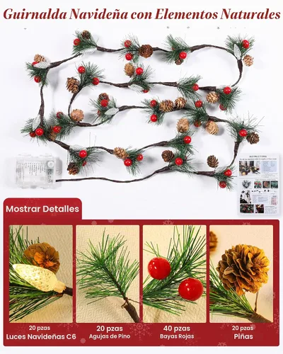 Vista 2 de [Usado] Guirnalda de Navidad con luces, cadena de piñas de 7 pies con bayas rojas, agujas, 20 luces LED C6 de Navidad, funciona con pilas, guirnalda