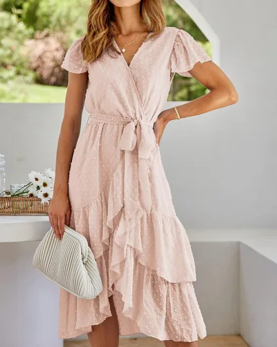 Vista 3 de BTFBM Vestido bohemio casual para mujer, cuello en V, manga corta, gasa, lunares suizos, cinturón y volantes, vestido envolvente para invitadas