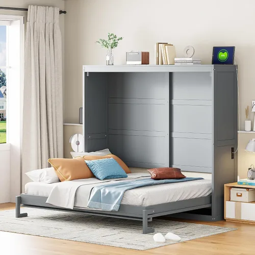Vista 26 de Cama Murphy de tamaño matrimonial con estación de carga, marco de cama de pared de madera que ahorra espacio se puede plegar, armario de cama cubo