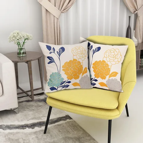 Vista 6 de Fundas de Almohadas para Exteriores con Flores 16x16 Juego de 2, Fundas de Almohadas Decorativas Verde Azulado Gris Mostaza Amarillo Floral, Fundas