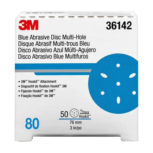 Vista 11 de 3M 3M-36142 Hookit disco abrasivo azul multi-agujero, 3" 80 Grado 50 discos, para aplicaciones de carrocería automática, preparación de pintura