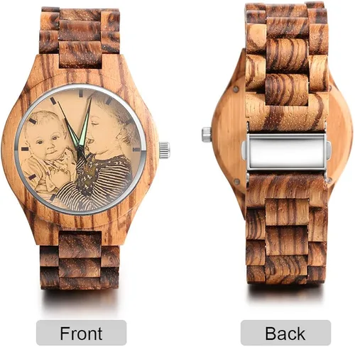 Vista 3 de Relojes de madera para hombres y mujeres personalizados relojes de fotos con pulsera ajustable para cumpleaños aniversario regalos personalizados