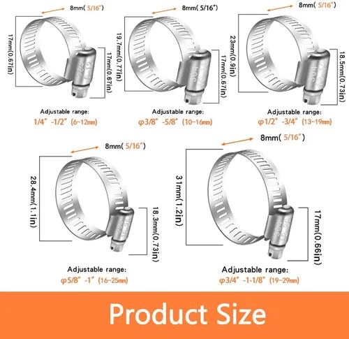 Vista 2 de Dianrui - Kit de surtido de 42 abrazaderas de manguera, abrazaderas de manguera de tornillo sin fin de acero inoxidable 304 de 1/4"–1-1/8" (6-29mm)